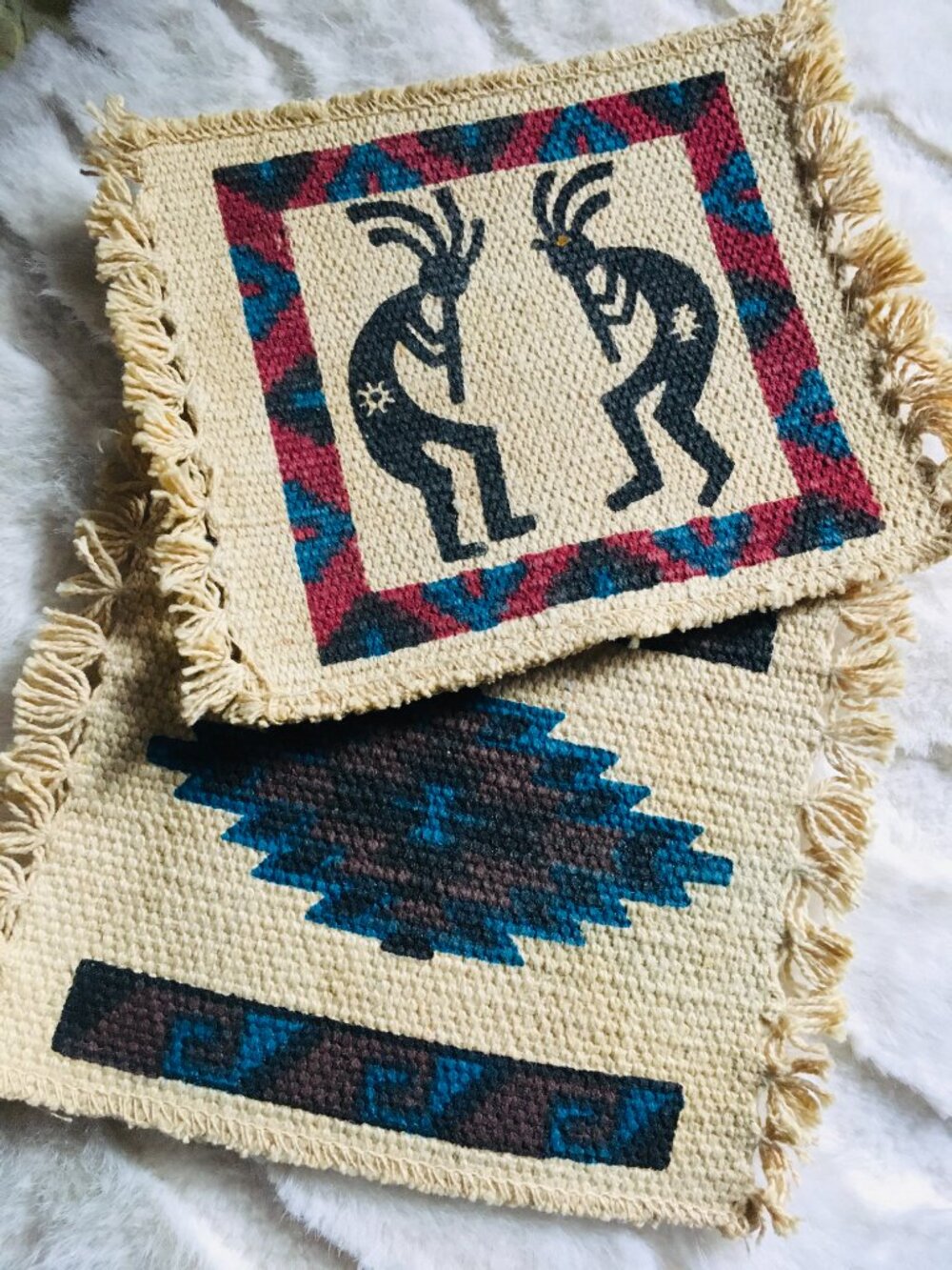 Vtg Southwestern Woven Kokopelli Mug Rug Coasters Fringed Mini Mats Set of 2
